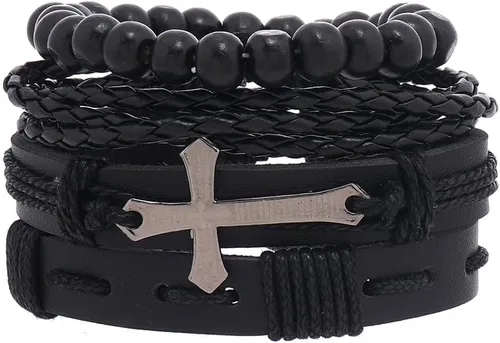 Vista 2 de Pulsera de cuero punk para hombre, 8-10 piezas, trenzada, cuentas de madera, calavera, metal, pulsera de cuero