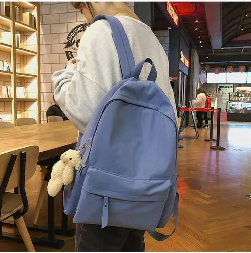 Vista 5 de CYee Cutecore - Mochila estética con colgante de oso, mochila para libros de preparación, suministros escolares, mochila de regreso a clases, Azul