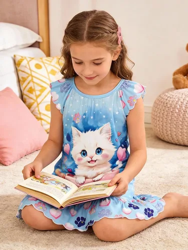 Vista 6 de LQSZ Camisón de noche para niñas, manga con vuelo, ropa de dormir de 3 a 10 años