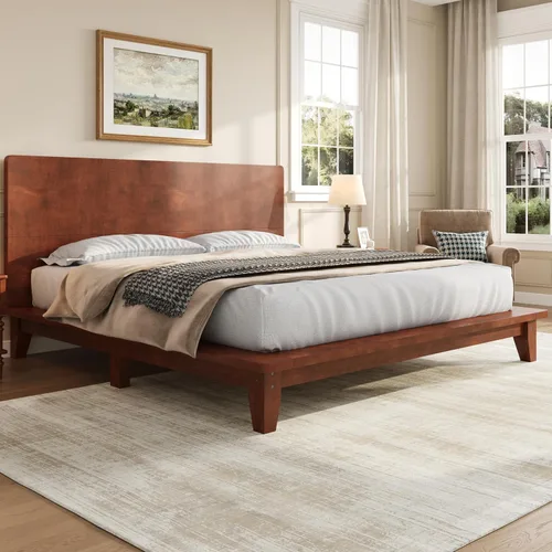 Vista 15 de JIVOIT Base de cama de plataforma de tamaño matrimonial con cabecero, cama de plataforma de madera estilo retro con patas de madera maciza Negro