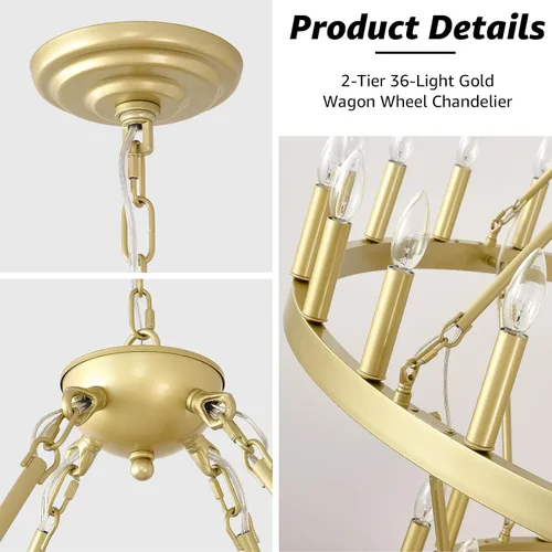 Vista 4 de EGM Candelabro dorado de 48 pulgadas con rueda de carro de 2 niveles, 36 luces grandes de color dorado cepillado estilo granja, lámparas de techo