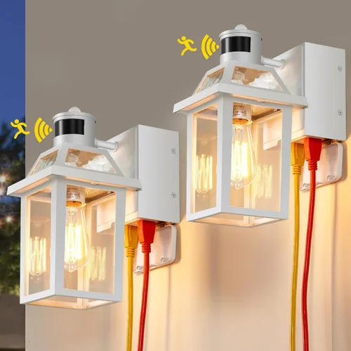 Vista 10 de Luces de porche con salida GFCI, luces exteriores del atardecer al amanecer con tomacorriente, 3 modos de iluminación exterior impermeable, luces