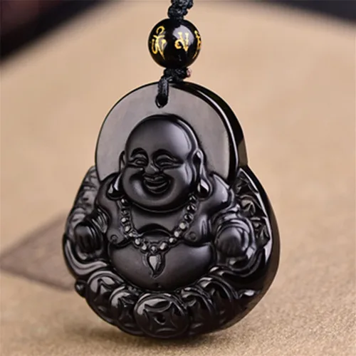 Vista 2 de Collar de obsidiana negra con dije de protección de amuleto de la suerte con cadena de cuentas extendida, piedra de cristal curativo, collares