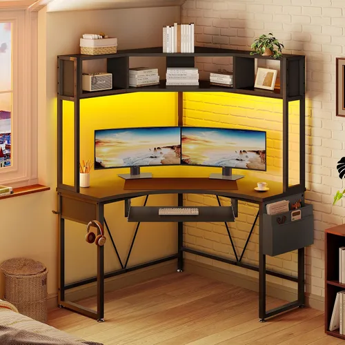 Vista 9 de SEDETA Escritorio esquinero, 39 pulgadas de ancho x 62 pulgadas de alto, escritorio de oficina pequeño con gabinete y luces LED, escritorio Negro