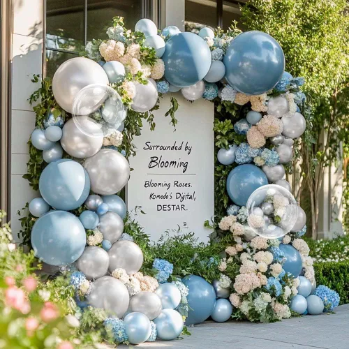 Vista 4 de Guirnalda de globos azul empolvado y blancos, kit de arco de globos Bobo de perlas azul claro con doble relleno para cumpleaños, baby shower, boda