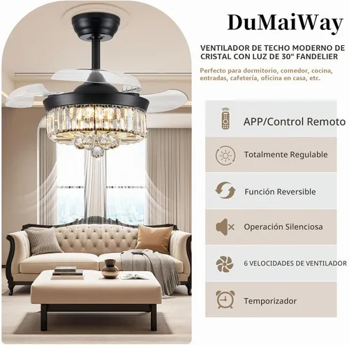 Vista 2 de DuMaiWay Ventilador de techo de 30 pulgadas con lámpara de cristal de luz, ventilador de techo reversible moderno, regulable, temporizador Negro