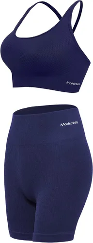 Vista 2 de Modstreets Conjunto de yoga sin costuras de 2 piezas para mujer brasier deportivo de entrenamiento con pantalones cortos de cintura alta leggings