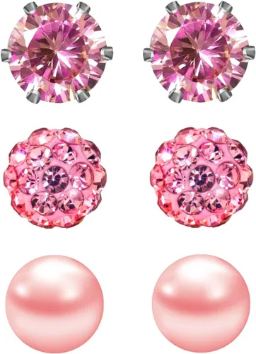 Vista 48 de JewelrieShop - Juego de aretes de tuerca de acero inoxidable con circonitas cúbicas y perlas de imitación, 3 pares de 0.236 in