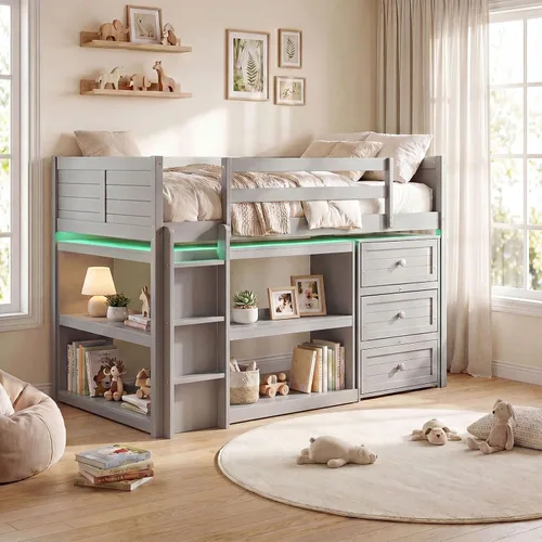 Vista 8 de KOMFOTT Twin Low Loft Bed with LED Lights, Modern Loft Bed (Grey)
