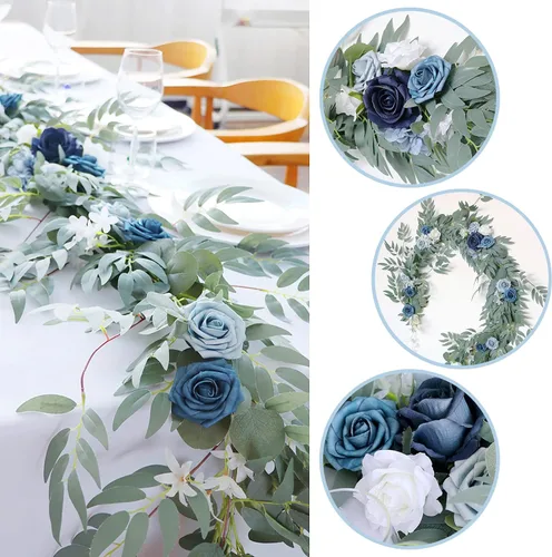Vista 2 de Emivery Guirnalda artificial de rosas azules polvorientas, guirnalda de sauce de eucalipto con flores, centros de mesa, centros de mesa, fiesta