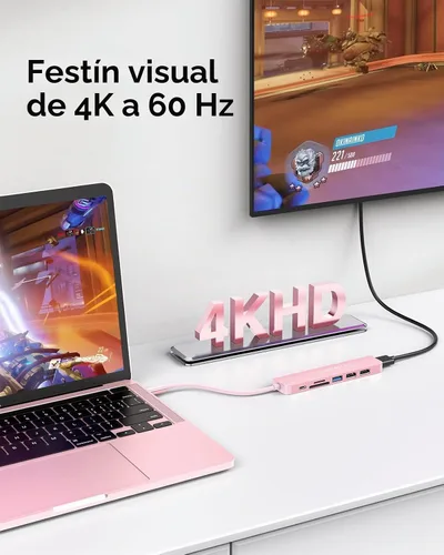 Vista 2 de LENTION Hub USB C 7 en 1, HDMI 4K a 60Hz, PD de 100 W, lector de tarjetas Oro Rosa