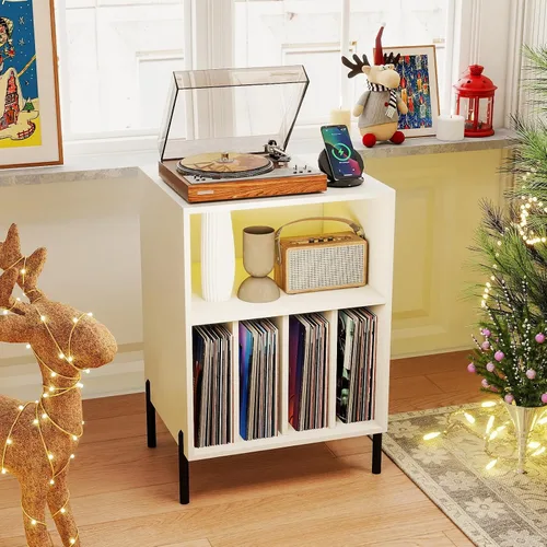 Vista 2 de Giantex Soporte para Tocadiscos con Luces LED y Estación de Carga, Soporte para Tocadiscos con Portadiscos, Mesa para Tocadiscos con Patas de Metal