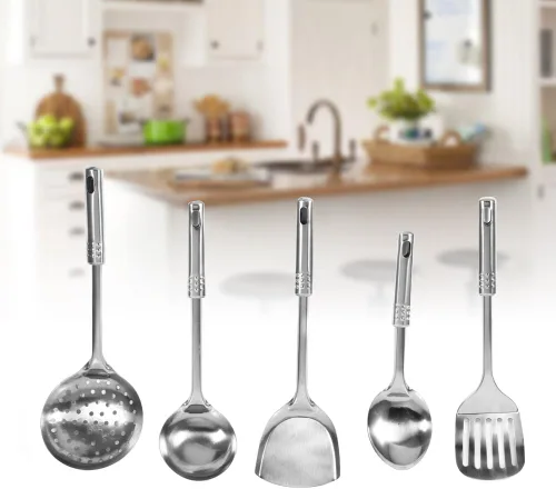 Vista 5 de Juego de 5 utensilios de cocina de acero inoxidable, juego de utensilios de cocina versátiles con mango ergonómico para cocina
