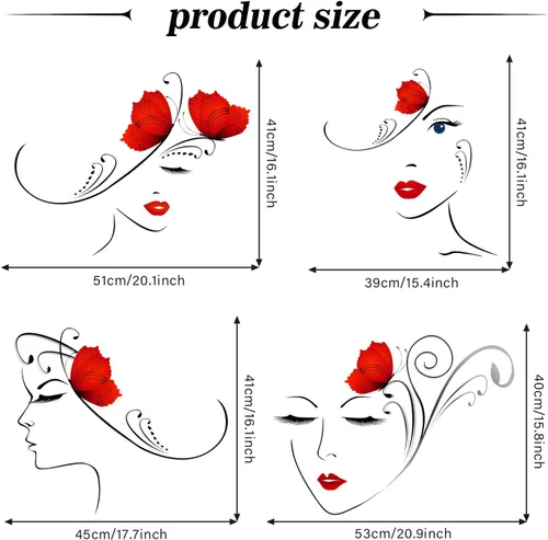 Vista 4 de 4 calcomanías de pared con contorno de cara de mujer, diseño de perfil, ojos y labios, calcomanías de pared autoadhesivas para el hogar, niñas