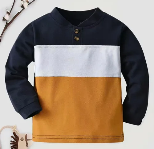 Vista 6 de Sudadera ligera de cuello redondo para niños de 3 tonos azul marino, blanco, amarillo mostaza 5-6 años, Azul marino, blanco y amarillo mostaza