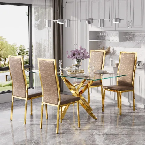 Vista 13 de Juego de mesa de comedor de cristal dorado moderno de 63 pulgadas para 6, juego de mesa de cocina rectangular de 7 piezas con patas de acero Negro