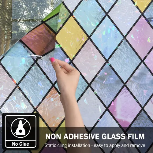 Vista 6 de Película para ventana de vitral, película de privacidad para ventana, tinte colorido de celosía, calcomanías de vidrio arcoíris para el hogar, anti