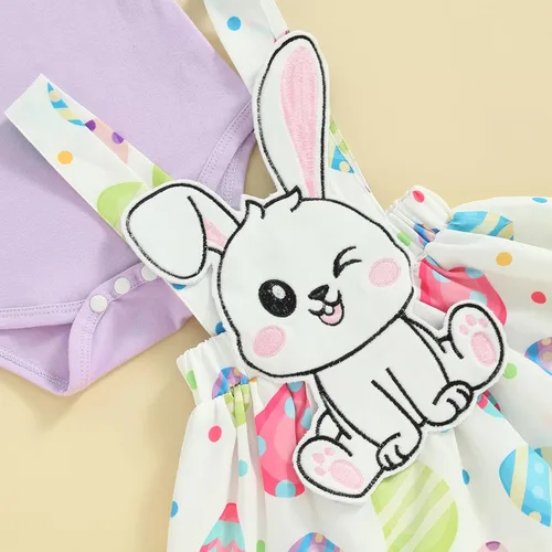 Vista 5 de Adobabirl Vestido de Pascua para niña recién nacida, mameluco de manga corta con conejo, huevos de Pascua, falda con tirantes, diadema