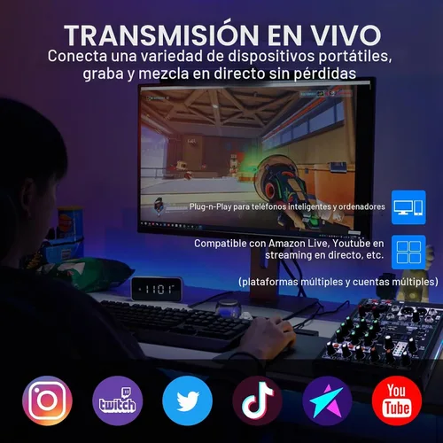 Vista 6 de Mezclador de audio de 6 canales, mezclador de DJ, luz de respiración RGB, 99 efectos DSP, interfaz de audio USB, Bluetooth fantasma de 48 V, alta