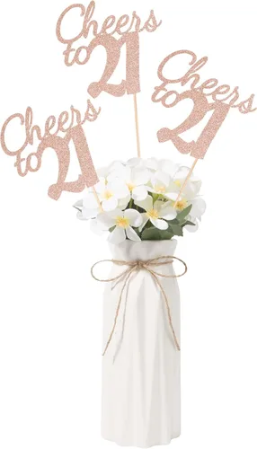 Vista 32 de Gexolenu Cheers to 21, paquete de 10 centros de mesa con purpurina dorada de doble cara para cumpleaños número 21 para mesas, palitos decorativos