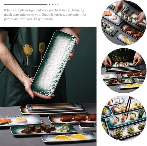 Vista 3 de CALLARON Plato de sushi de cerámica, 2 platos de porcelana para servir platos, bandeja rectangular de postres, bandeja de exhibición de postres