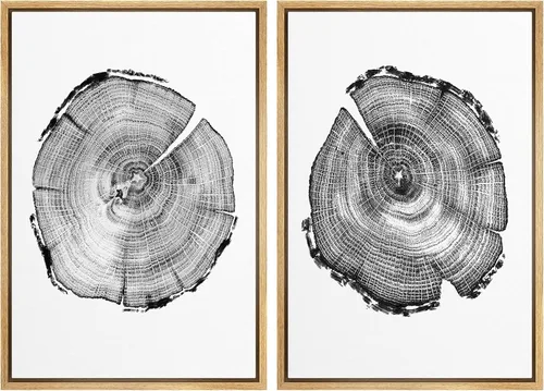 Vista 39 de SIGNWIN Lienzo enmarcado para pared, juego de arte con anillos de árbol de bosque grunge en blanco y negro, ilustraciones de naturaleza silvestre