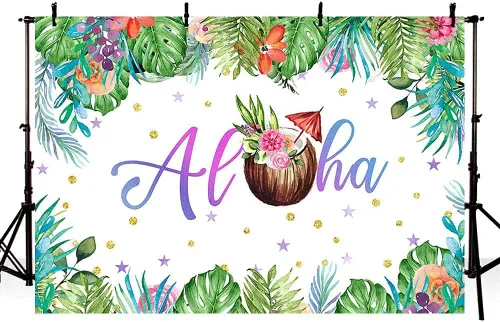 Vista 3 de Decoraciones de fiesta hawaiana de verano de 7 x 5 pies, telón de fondo Aloha para playa, palmera tropical, hojas verdes de coco, fondo
