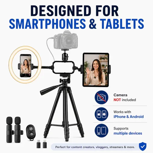 Vista 8 de Acuvar Kit de vlogging con trípode de luz de anillo – Kit de creación de contenido para iPhone, Android y tabletas, micrófono, control remoto