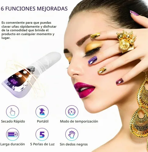 Vista 5 de Luz UV de mano para uñas de gel, mini lámpara de uñas portátil con flash LED, esmalte de curado de uñas recargable, secado rápido, máquina de secado