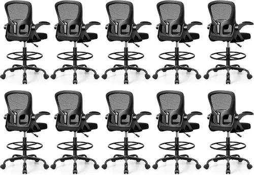 Vista 9 de Silla de dibujo alta de oficina para escritorio de pie, taburete ergonómico de trabajo para computadora con brazos abatibles, anillo de pie y Negro