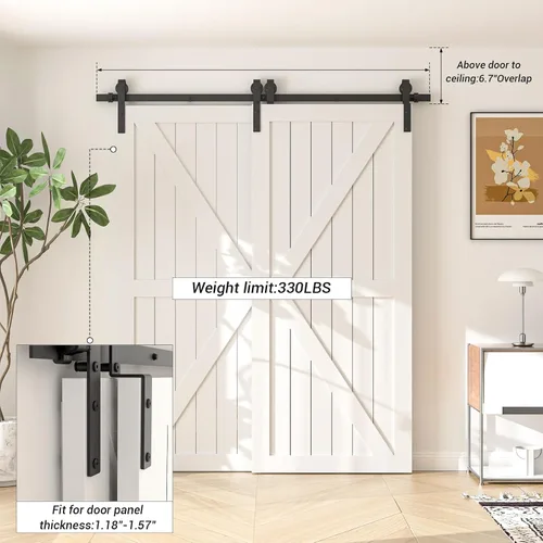 Vista 4 de Kit de herrajes para puerta corrediza de granero de 4 pies, herrajes de puerta corredera de modo de riel combinado, puertas de madera dobles