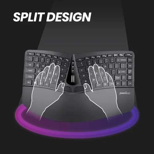 Vista 2 de Perixx PERIDUO-606A, teclado ergonómico compacto inalámbrico 3 en 1 con mouse vertical y teclado numérico, reposamanos ajustable, rueda inclinable