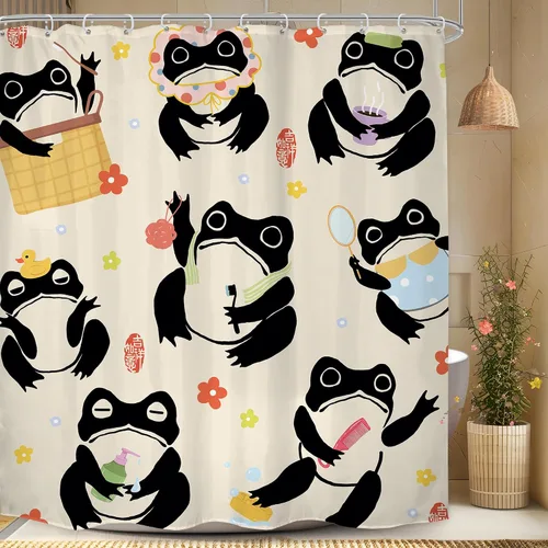 Vista 19 de Juego Divertido de Cortina de Rana Retro para Ducha, Juego de Baño 48x71 Pulgadas, Estilo Asiático Lindo, Arte Japonés Tradicional de Pato de Goma