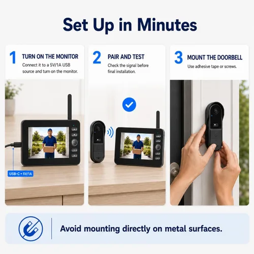 Vista 16 de TKMARS Timbre de puerta inalámbrico sin suscripción con pantalla de monitor, portero de video impermeable con activación activa, no necesita WiFi