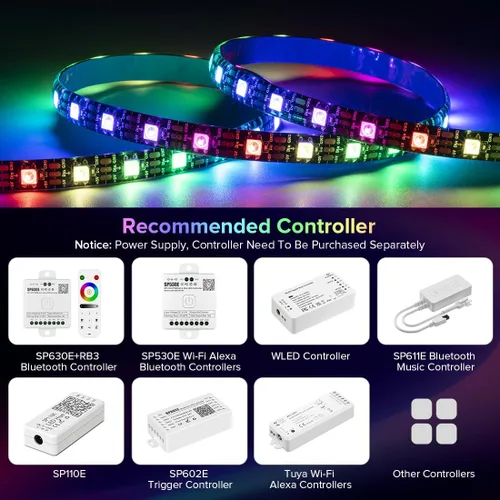 Vista 4 de SEZO WS2812B ECO Tira de luz LED 16.4 pies/5M 60 píxeles/m 300 píxeles, direccionable individual, programable, 5050SMD, RGB digital, aleación