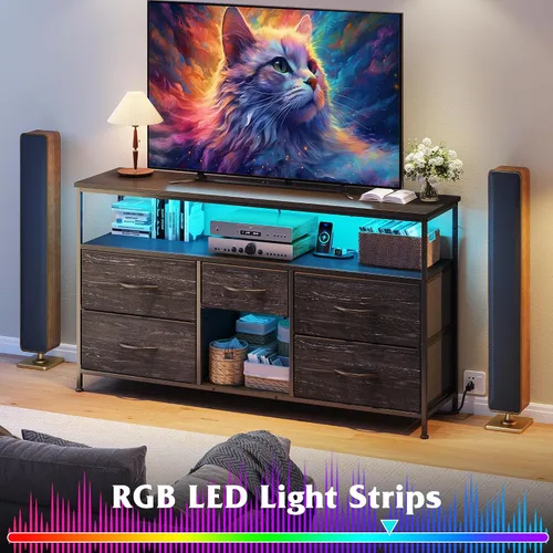 Vista 4 de EnHomee - Soporte de TV para dormitorio con LED y tomas, almacenamiento de 5 cajones, color negro