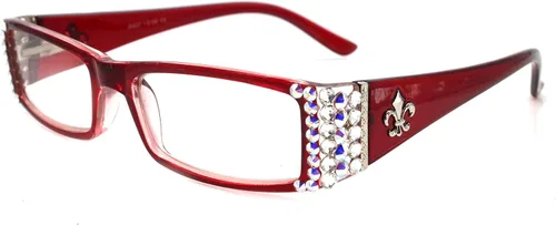Vista 3 de The French, (Bling) Fleur De Lis Women Reading Glasses Adorned with (Clear + Aurora Borealis) Austrian Crystals, Magnifying (Transparent Red)