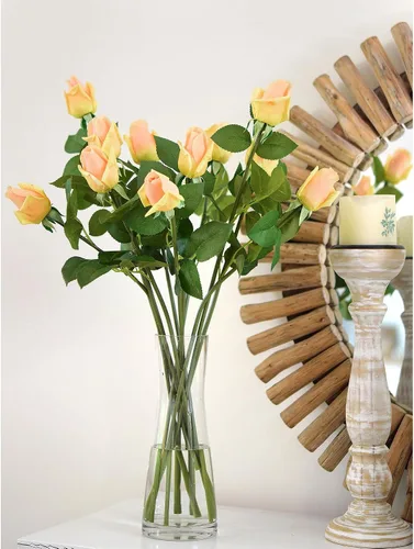 Vista 7 de FiveSeasonStuff Albaricoque rosado tallo largo de 21 pulgadas, rosas de tacto real, flores artificiales de seda, pétalos se sienten y se ven como