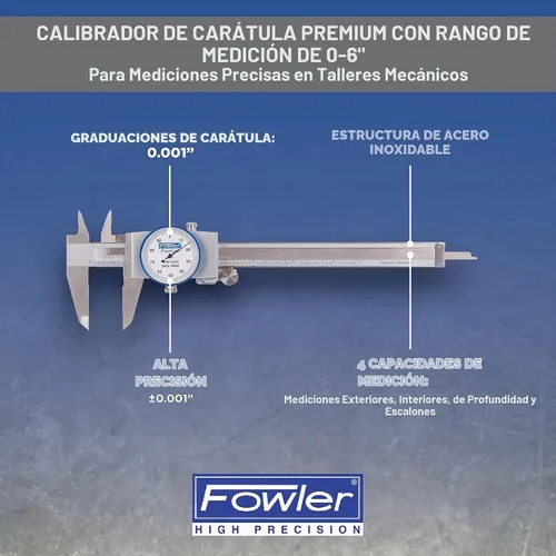 Vista 2 de Fowler, 52-008-706-0, calibre dial de acero inoxidable resistente a golpes, rango de medición 0 a 6 pulgadas, intervalo de graduación 0,001