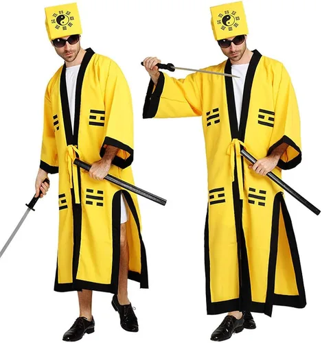 Vista 2 de Chino Antiguo Taoísta Traje Exorcista Monje Viene Abajo La Montaña Cosplay Amarillo Taoísta Uniforme Tai Chi Bagua Túnica