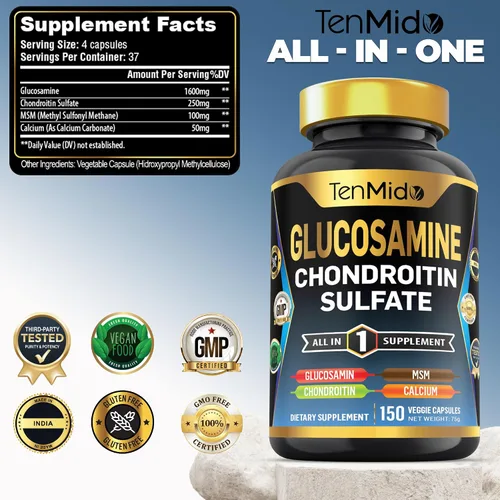 Vista 5 de Suplemento MSM de glucosamina condroitina para hombres y mujeres - Fórmula 4 en 1 - Apoyo a la salud de las articulaciones y los huesos - 150