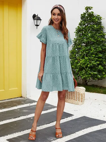 Vista 5 de MakeMeChic Vestido smock de cintura alta de manga corta con volantes y lunares para mujer