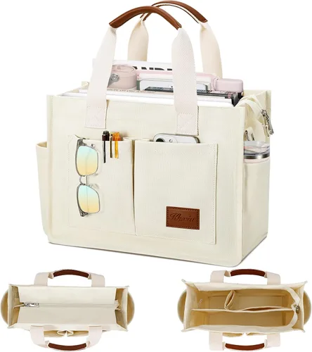 Vista 9 de Bolso grande de lona con compartimentos y cremallera para mujer de KKXIU, bolso cruzado, de trabajo, bíblico, de mensajero con bolsillos