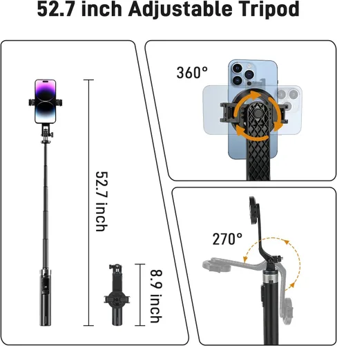 Vista 3 de WOVTE Trípode magnético para selfie stick con 2 luces LED, trípode de 52 pulgadas para iPhone con control remoto recargable, palo selfie portátil