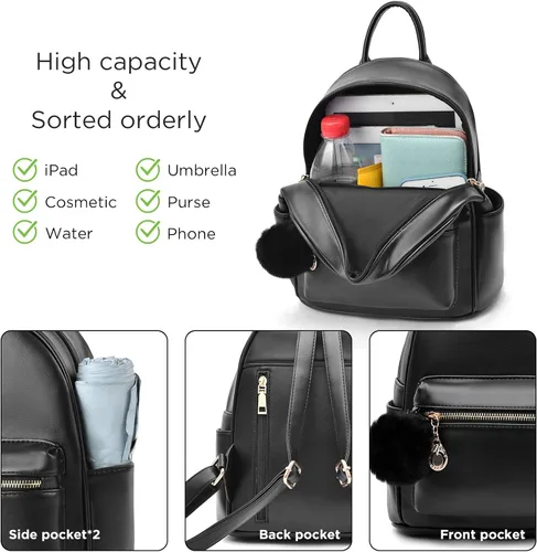 Vista 4 de I IHAYNER Mochila de cuero para mujer, de moda, con pompón, mochila casual de viaje