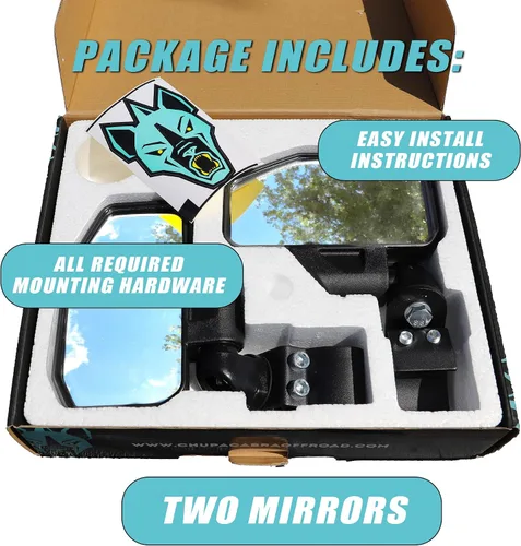 Vista 5 de Chupacabra Offroad Espejo lateral retrovisor para UTV (paquete de 2) Polaris Ranger Pro Fit/General/Defender Break Away con brazo ajustable