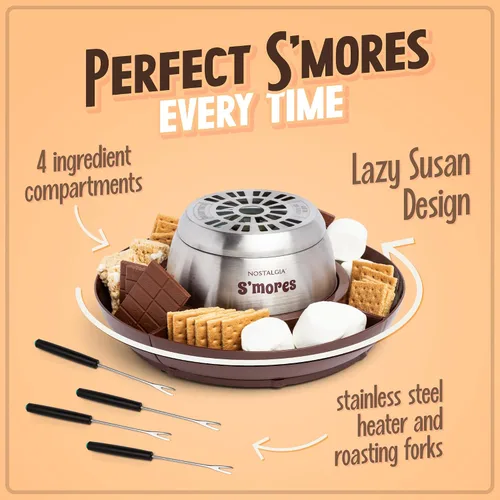 Vista 5 de Nostalgia Máquina eléctrica S'mores de mesa para interiores, kit de Smores con palitos para asar malvaviscos y 4 bandejas Lazy Susan para galletas