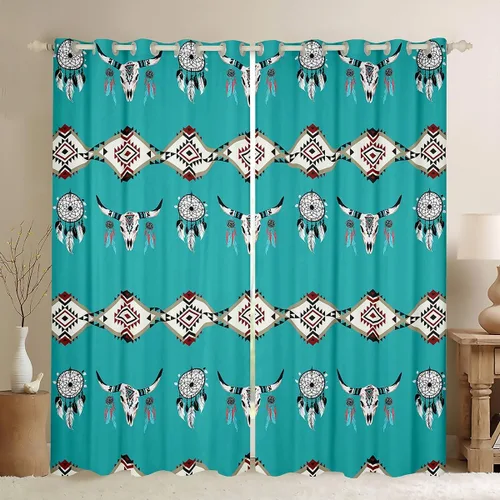 Vista 35 de Cortinas opacas estilo bohemio occidental de 76 x 45 pulgadas, cortinas y cortinas de atrapasueños de vaca, cortinas del suroeste, cortinas de Multi