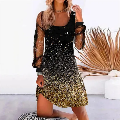 Vista 2 de Vestidos de Nochevieja para mujer, manga larga, cuello en V, vestido de fiesta, vestido de fiesta, vestido de cóctel, vestido formal con vuelo