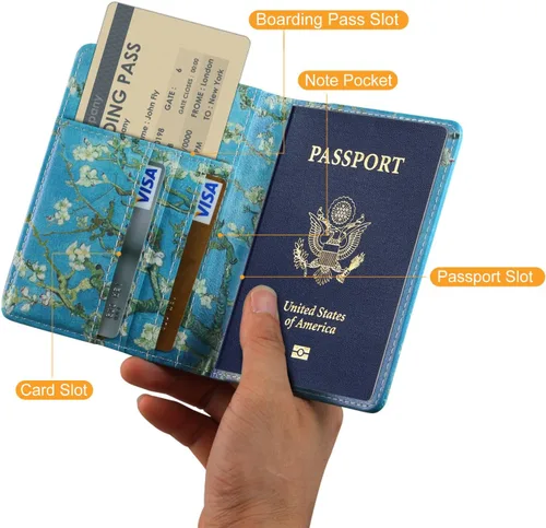 Vista 2 de EpicGadget - Funda de piel sintética con bloqueo RFID para pasaporte, funda de viaje tipo cartera, Flor de Cerezo, Cartera Rfid